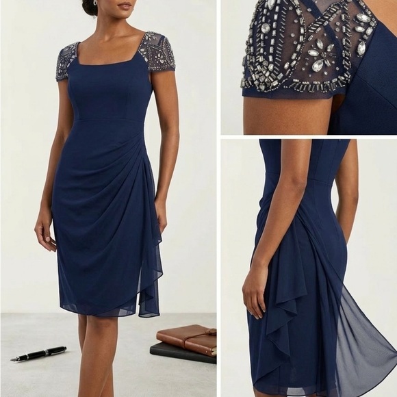 Xscape Dresses & Skirts - Xscape Navy Beaded Cap-Sleeve Midi Dress